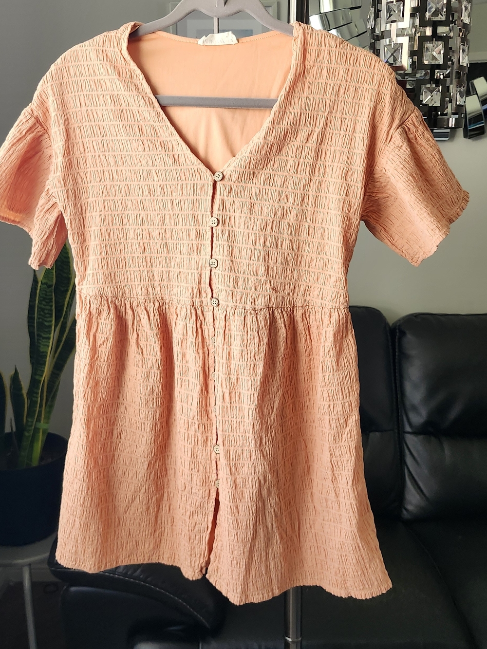 Button-Front Textured Mini Dress - Peach